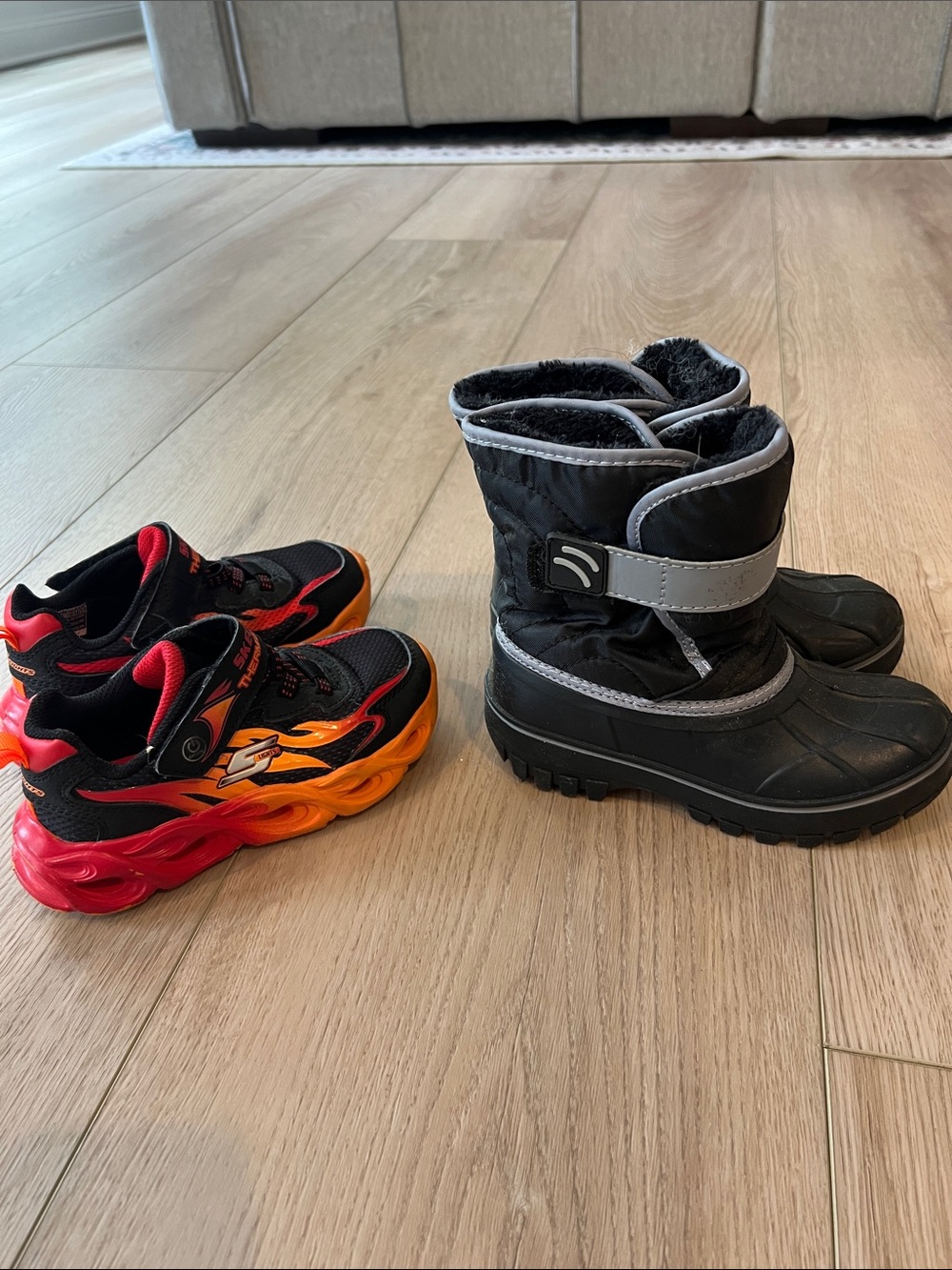 Kids Black Winter Snow Boots and Red-Orange Flame Sneakers Set